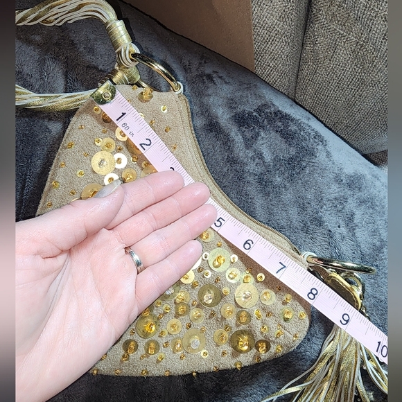 New BEBE Sequin Beads Heart Shaped Faux Leather Wristlet Zippered Bag Tassel Zip - Picture 14 of 16